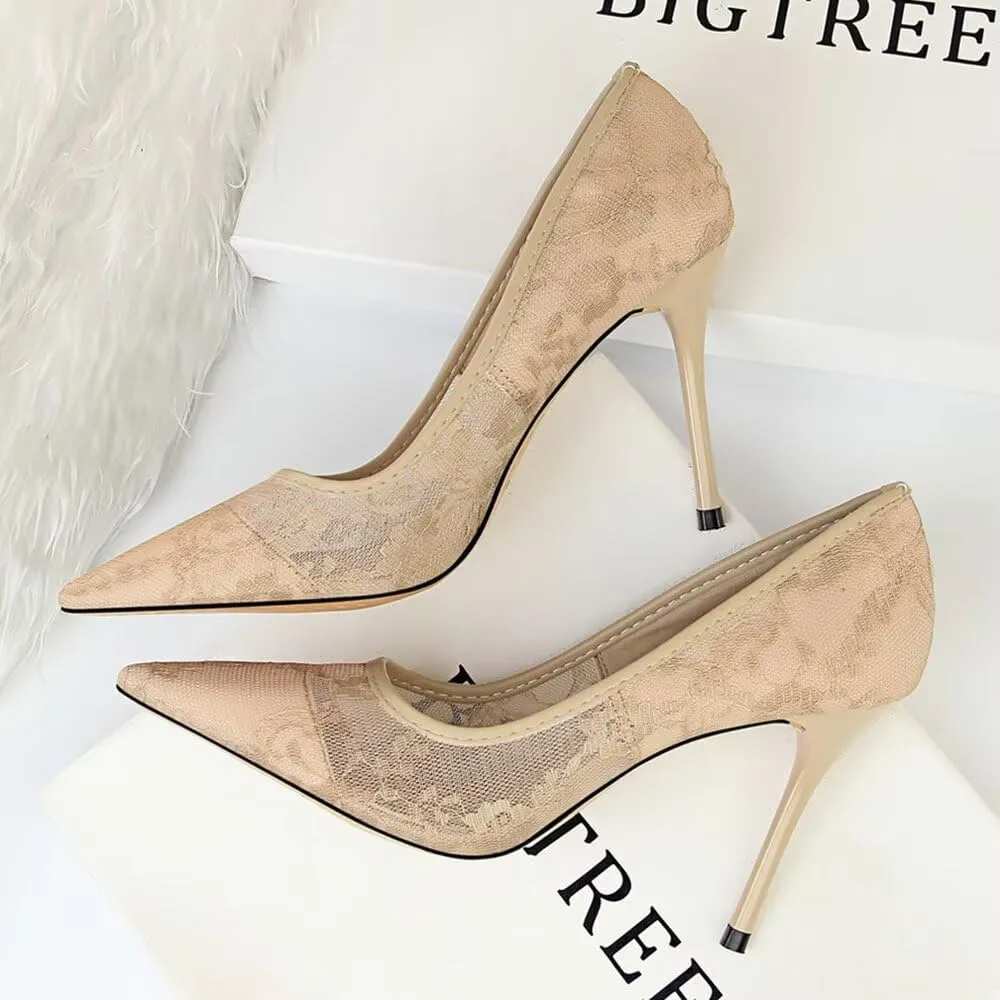 Hee grand Women Sexy Pointed Toe Lace High Heels Comfort Work Pumps Ladies Stilettos Bridal Dress Shoes for Wedding