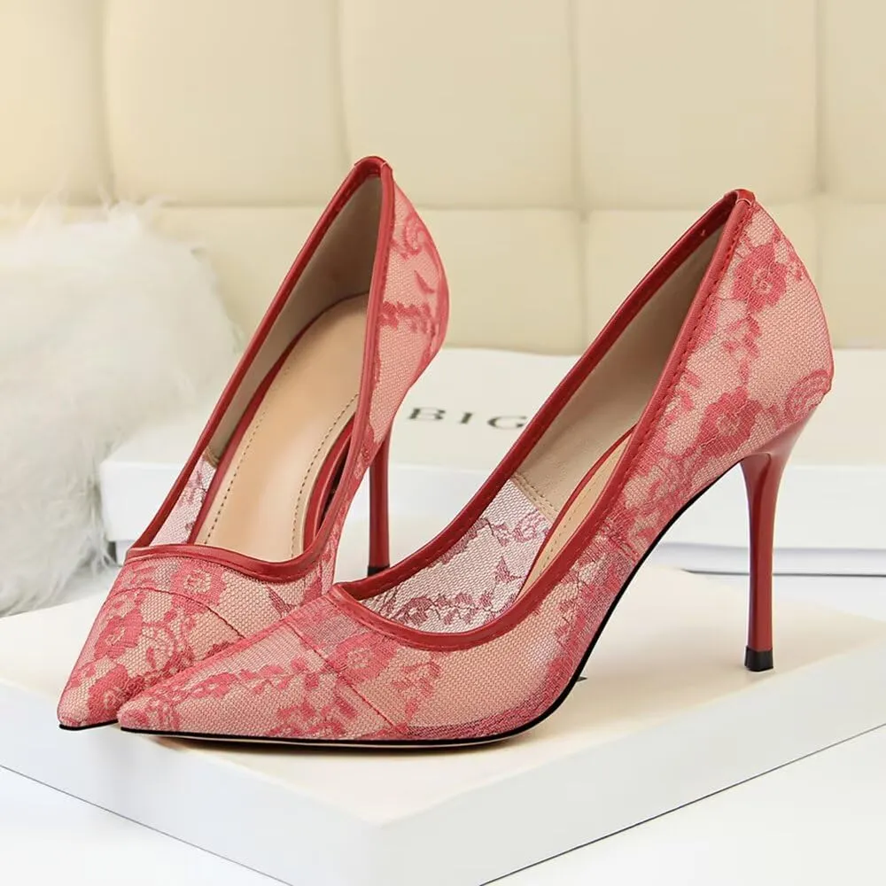 Hee grand Women Sexy Pointed Toe Lace High Heels Comfort Work Pumps Ladies Stilettos Bridal Dress Shoes for Wedding