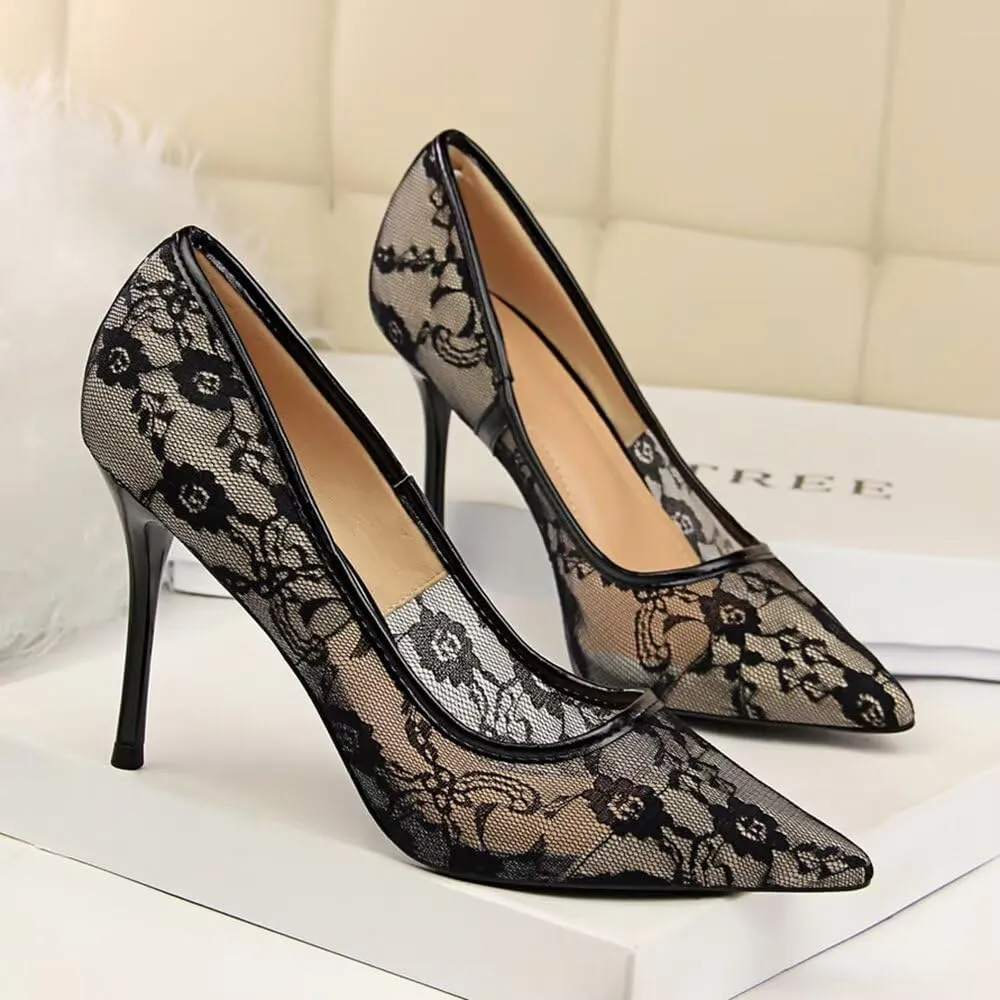 Hee grand Women Sexy Pointed Toe Lace High Heels Comfort Work Pumps Ladies Stilettos Bridal Dress Shoes for Wedding