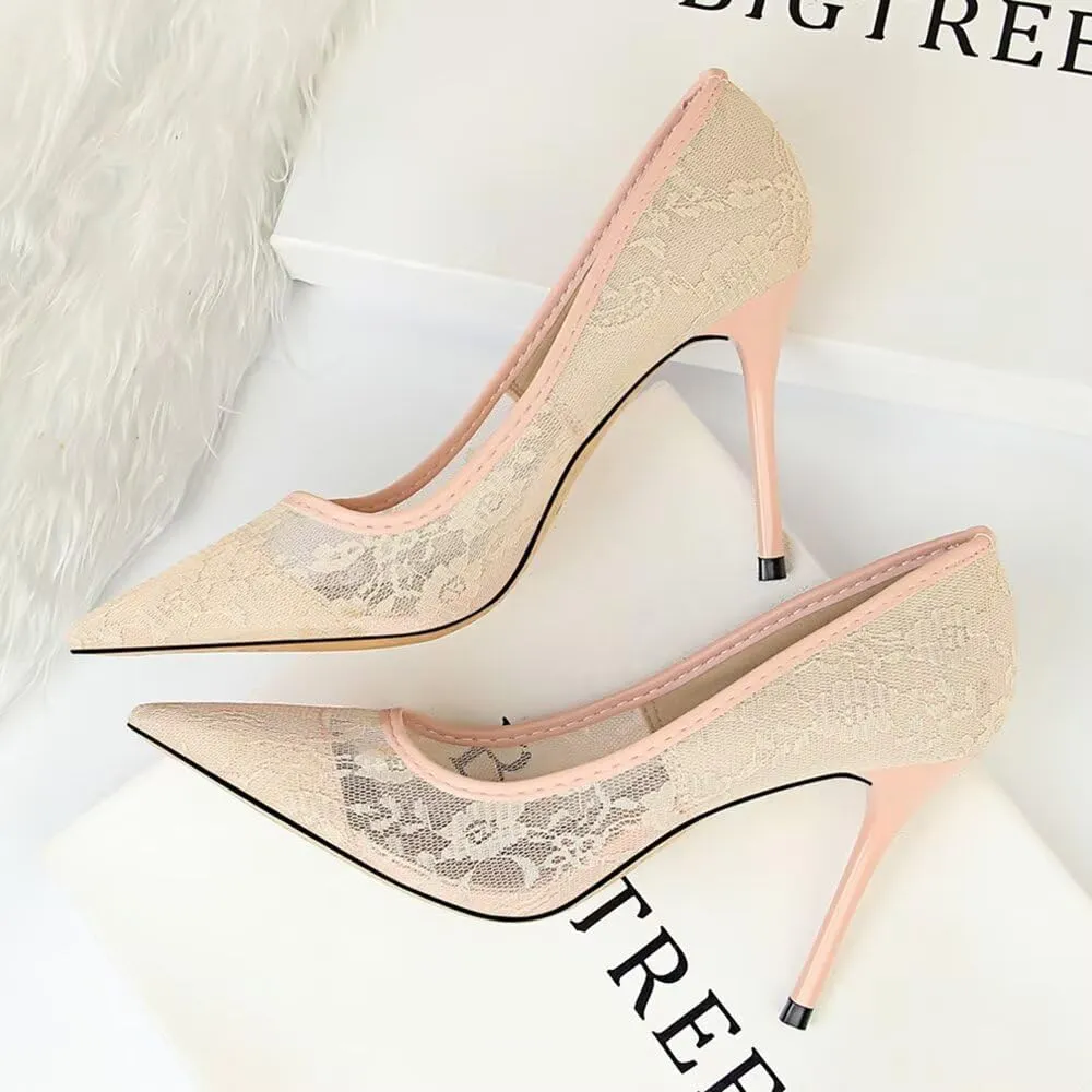 Hee grand Women Sexy Pointed Toe Lace High Heels Comfort Work Pumps Ladies Stilettos Bridal Dress Shoes for Wedding
