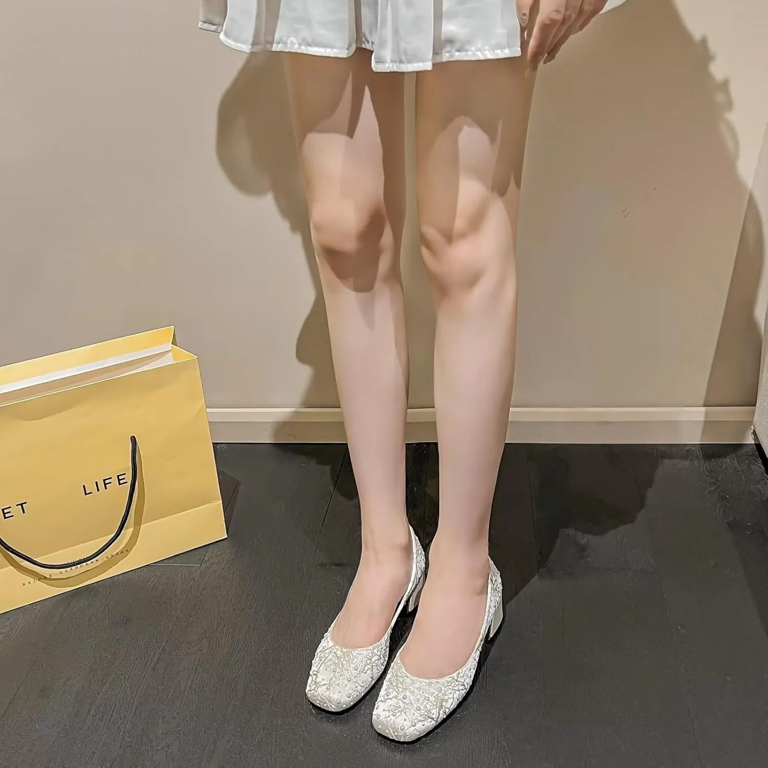 Hee grand Women's Round Toe Heeled Pumps Chunky High Heels Comfort Slip On Work Heels Sequins Dress Shoes Wide Feet Big Size