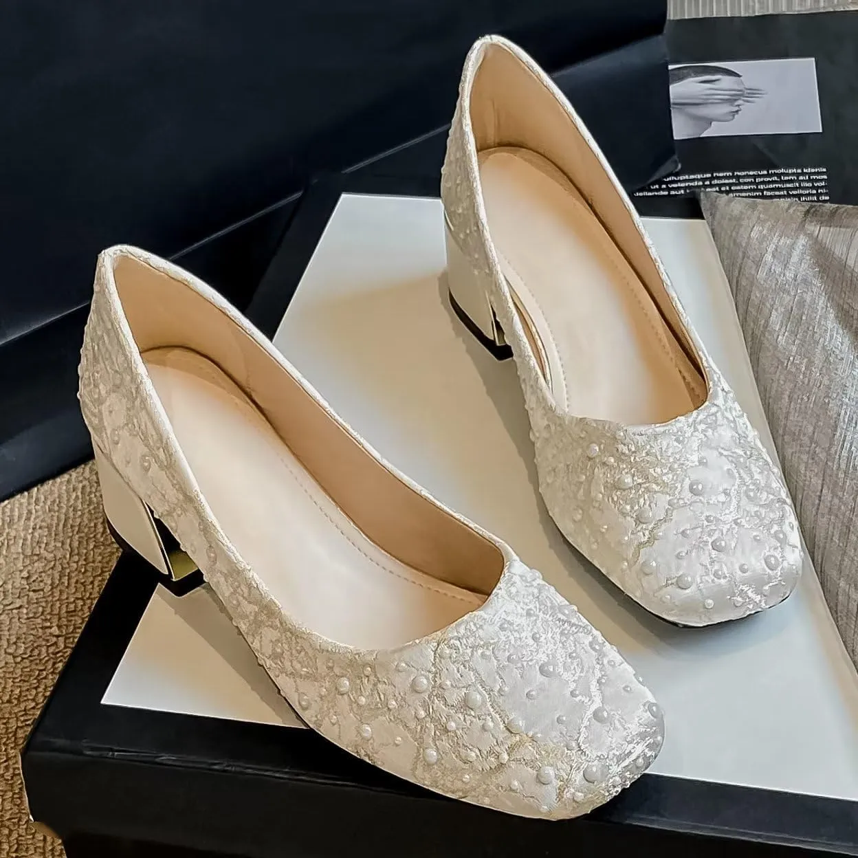 Hee grand Women's Round Toe Heeled Pumps Chunky High Heels Comfort Slip On Work Heels Sequins Dress Shoes Wide Feet Big Size