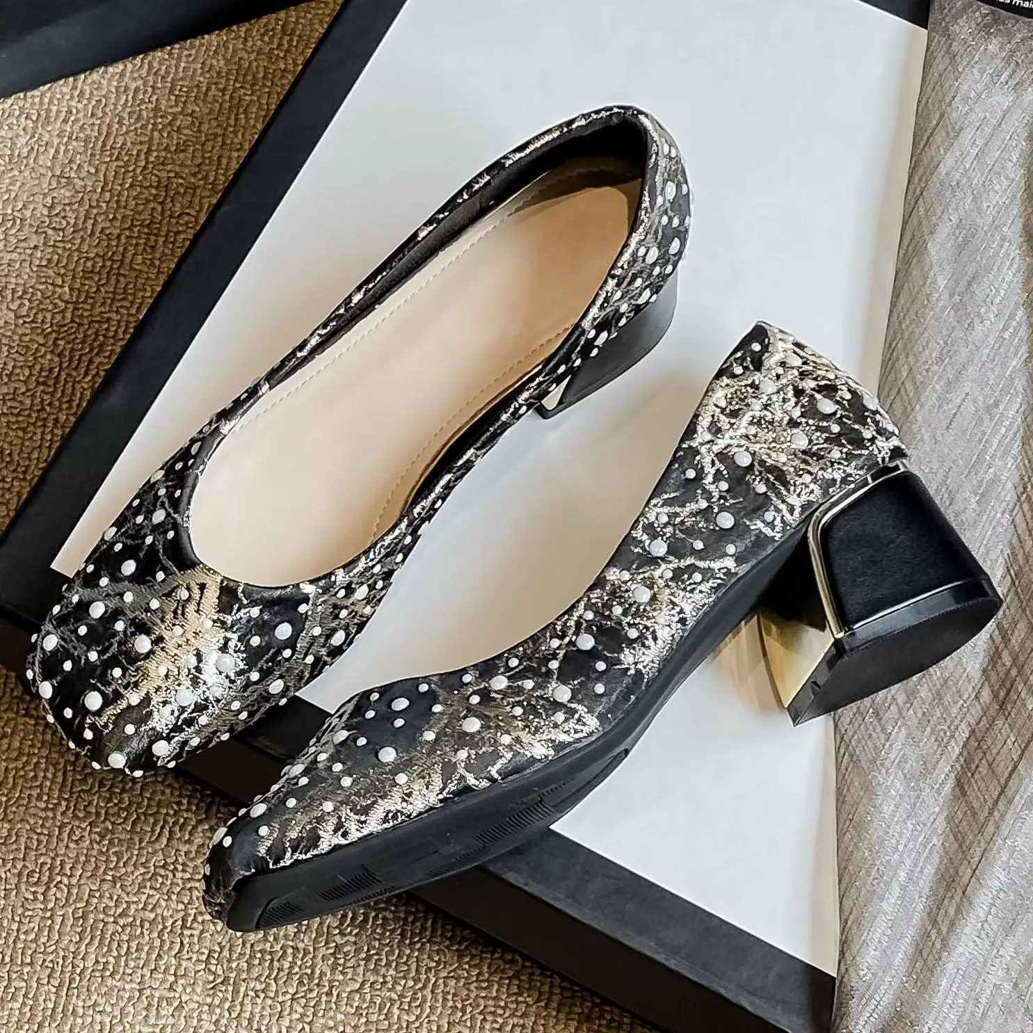 Hee grand Women's Round Toe Heeled Pumps Chunky High Heels Comfort Slip On Work Heels Sequins Dress Shoes Wide Feet Big Size