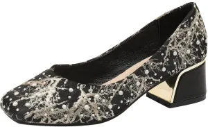 Hee grand Women's Round Toe Heeled Pumps Chunky High Heels Comfort Slip On Work Heels Sequins Dress Shoes Wide Feet Big Size