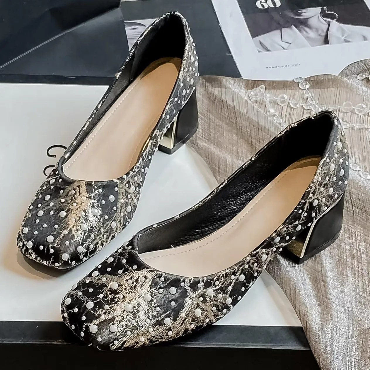 Hee grand Women's Round Toe Heeled Pumps Chunky High Heels Comfort Slip On Work Heels Sequins Dress Shoes Wide Feet Big Size