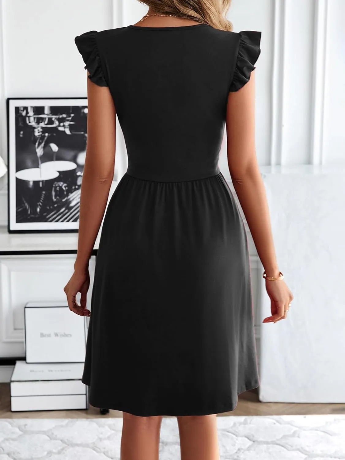 HELYO Women's Summer Dresses Cute V Neck Ruffle Sleeve Cocktail Short Work Casual Dress with Pockets 648