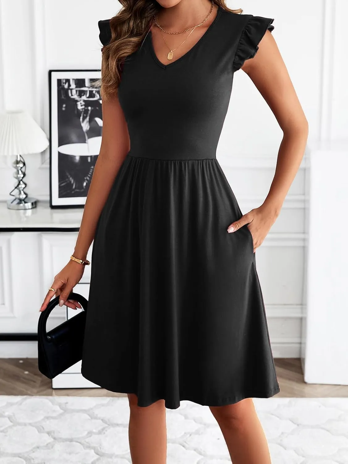 HELYO Women's Summer Dresses Cute V Neck Ruffle Sleeve Cocktail Short Work Casual Dress with Pockets 648