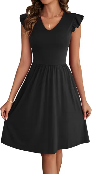 HELYO Women's Summer Dresses Cute V Neck Ruffle Sleeve Cocktail Short Work Casual Dress with Pockets 648