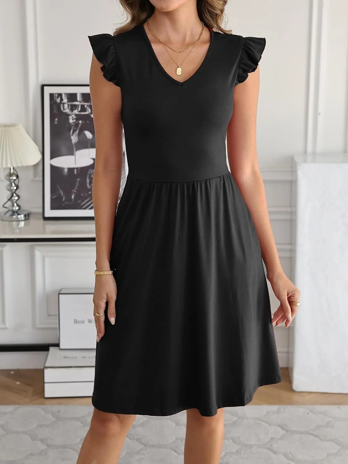 HELYO Women's Summer Dresses Cute V Neck Ruffle Sleeve Cocktail Short Work Casual Dress with Pockets 648