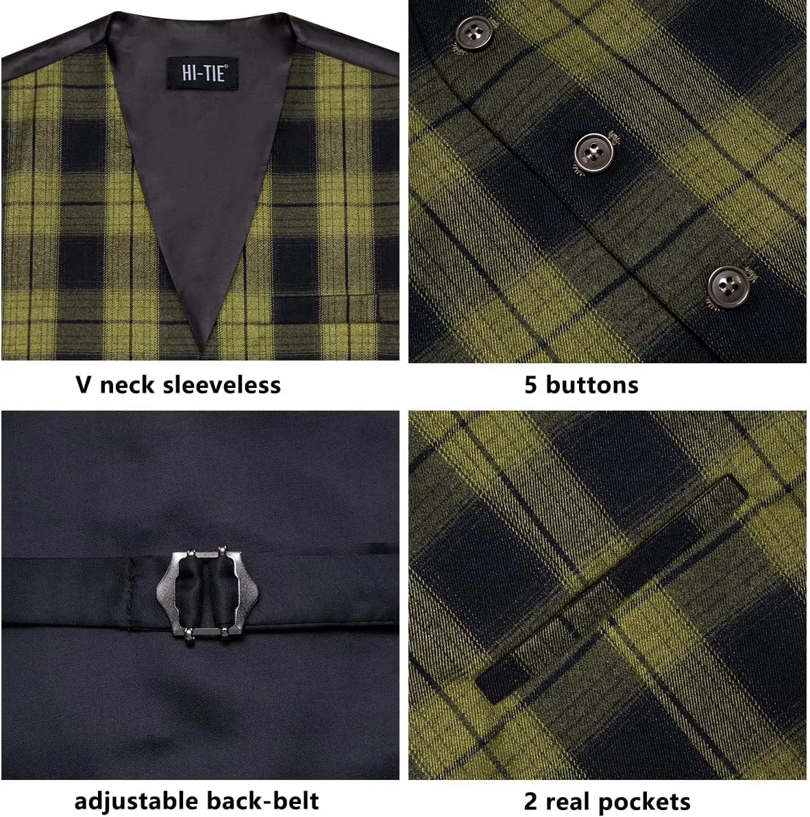 Hi-Tie Mens Plaid Solid V-Neck Suit Vest Slim Fit Waistcoat 3 Pockets Formal Casual Tuxedo for Wedding or Business