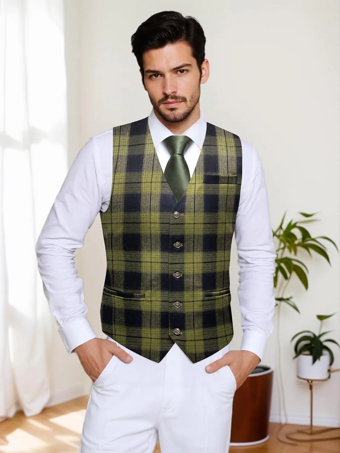 Hi-Tie Mens Plaid Solid V-Neck Suit Vest Slim Fit Waistcoat 3 Pockets Formal Casual Tuxedo for Wedding or Business