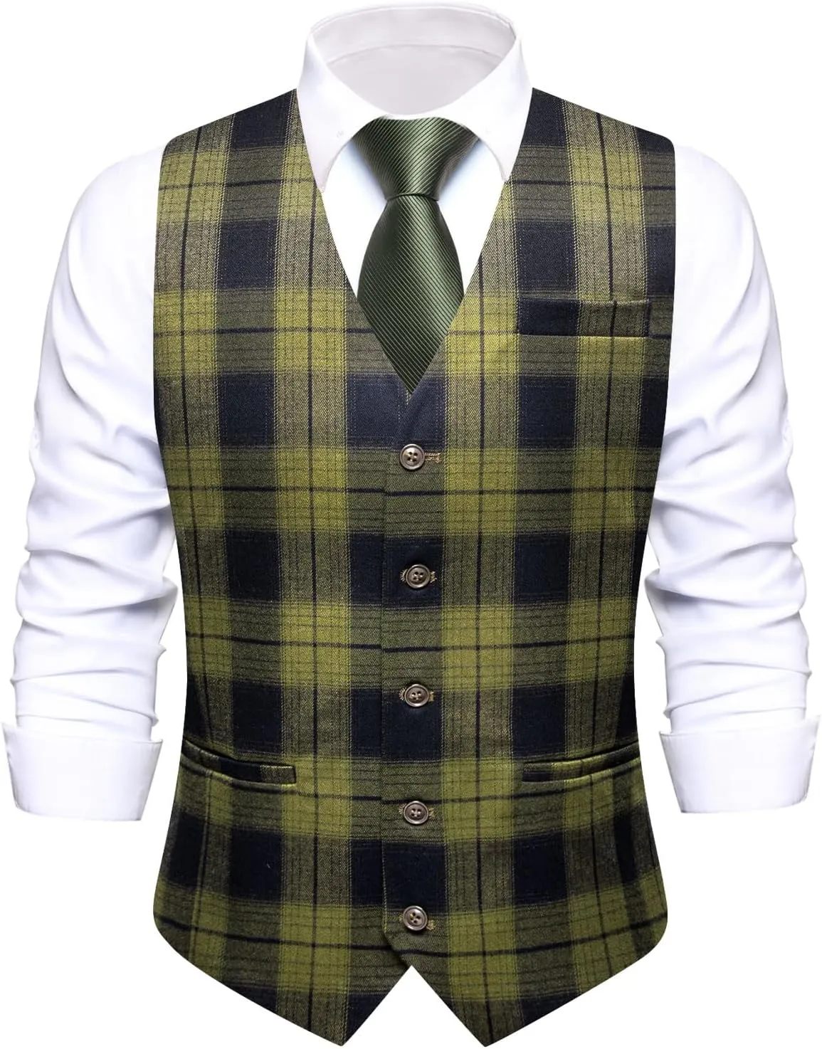 Hi-Tie Mens Plaid Solid V-Neck Suit Vest Slim Fit Waistcoat 3 Pockets Formal Casual Tuxedo for Wedding or Business