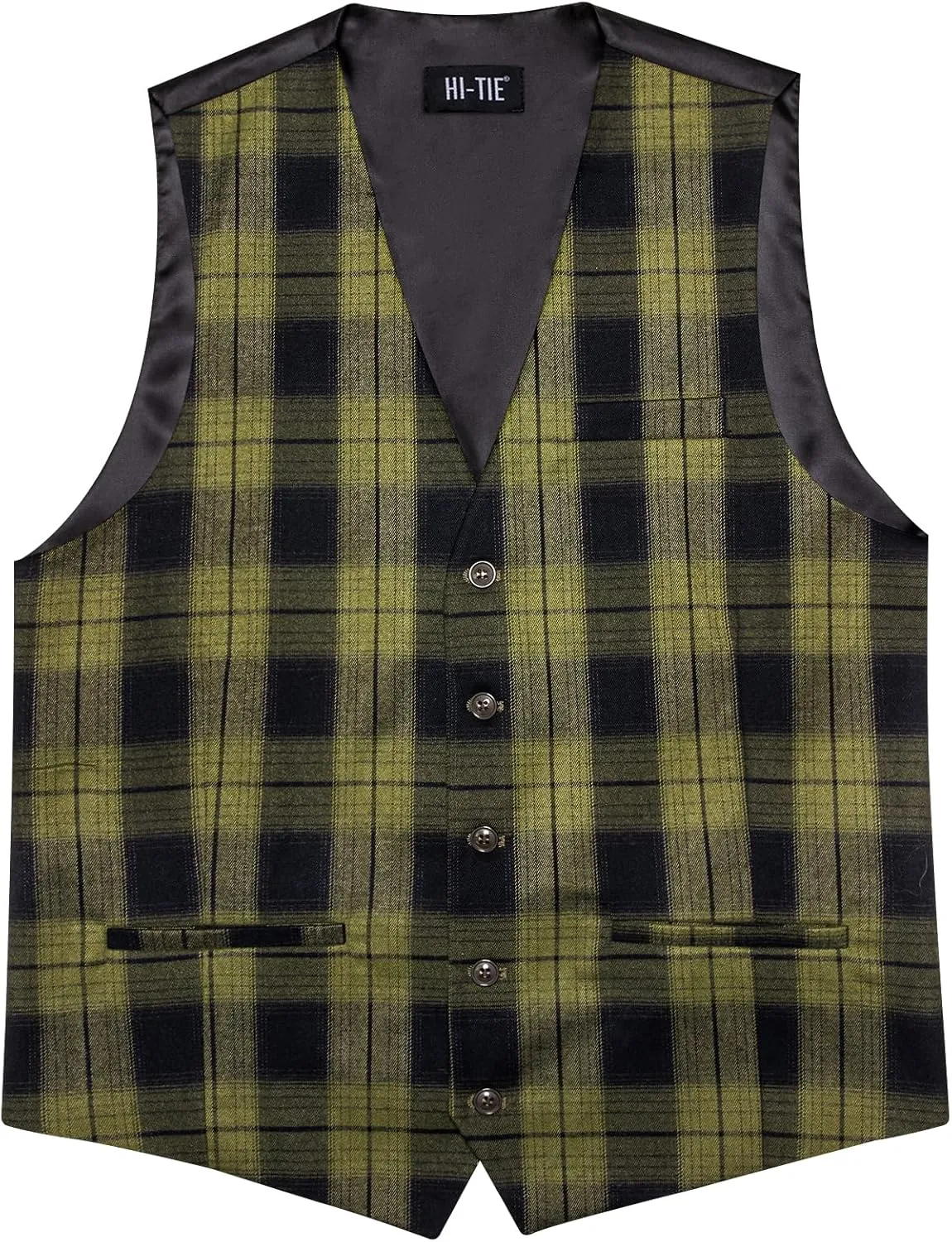 Hi-Tie Mens Plaid Solid V-Neck Suit Vest Slim Fit Waistcoat 3 Pockets Formal Casual Tuxedo for Wedding or Business