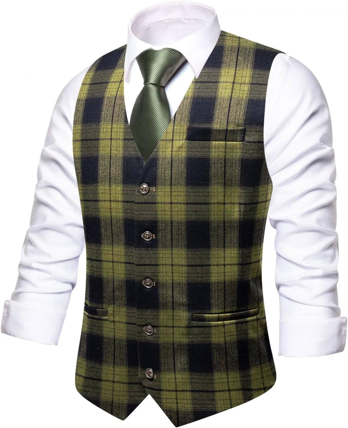 Hi-Tie Mens Plaid Solid V-Neck Suit Vest Slim Fit Waistcoat 3 Pockets Formal Casual Tuxedo for Wedding or Business