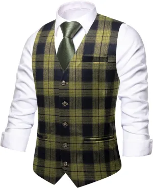 Hi-Tie Mens Plaid Solid V-Neck Suit Vest Slim Fit Waistcoat 3 Pockets Formal Casual Tuxedo for Wedding or Business