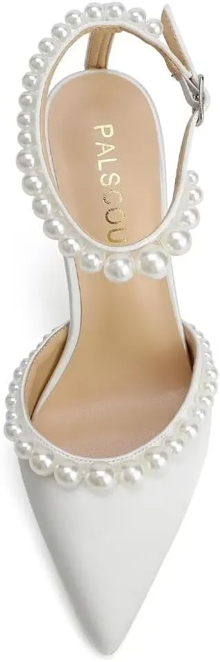 High Heel Wedding Shoes for Bride Pointed Toe Bridal Shoes Pearl Heels Ankle Strap Wedding Pumps