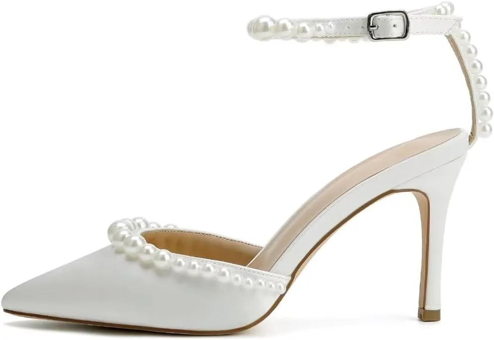High Heel Wedding Shoes for Bride Pointed Toe Bridal Shoes Pearl Heels Ankle Strap Wedding Pumps