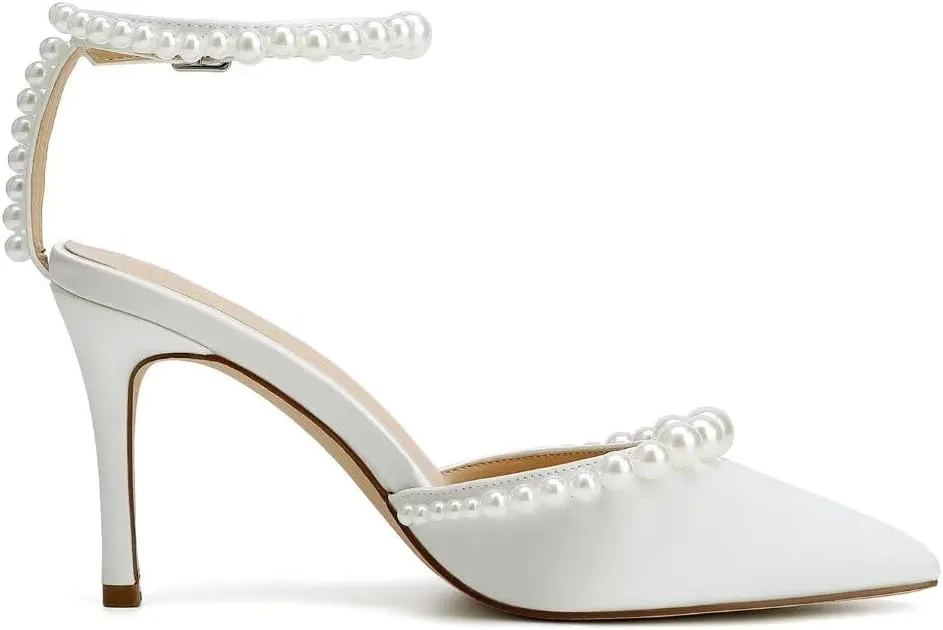 High Heel Wedding Shoes for Bride Pointed Toe Bridal Shoes Pearl Heels Ankle Strap Wedding Pumps