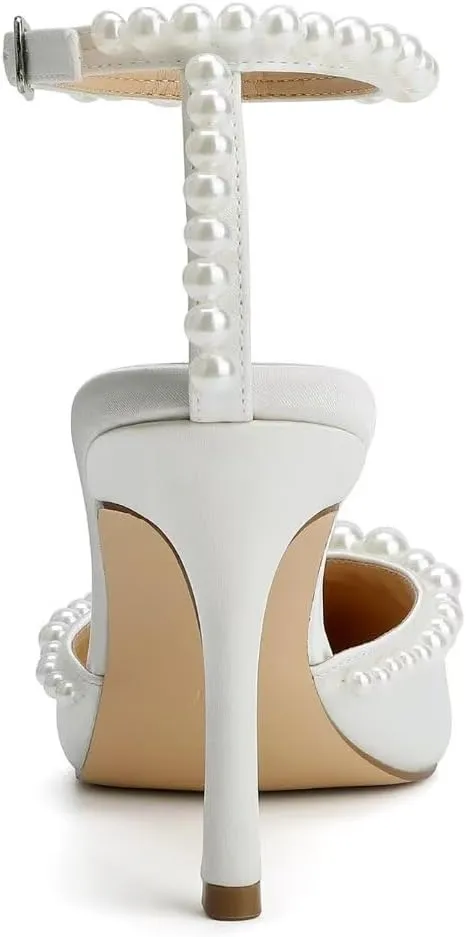 High Heel Wedding Shoes for Bride Pointed Toe Bridal Shoes Pearl Heels Ankle Strap Wedding Pumps