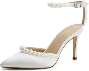 High Heel Wedding Shoes for Bride Pointed Toe Bridal Shoes Pearl Heels Ankle Strap Wedding Pumps