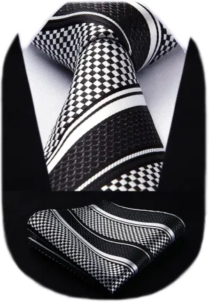 HISDERN Stripe Tie Mens Ties with Pocket Square Set Classic 3.4'' Silk Formal Necktie Handkerchief for Business Wedding