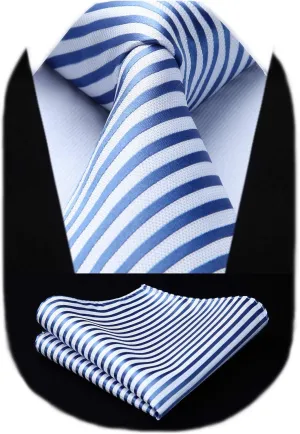 HISDERN Stripe Tie Mens Ties with Pocket Square Set Classic 3.4'' Silk Formal Necktie Handkerchief for Business Wedding