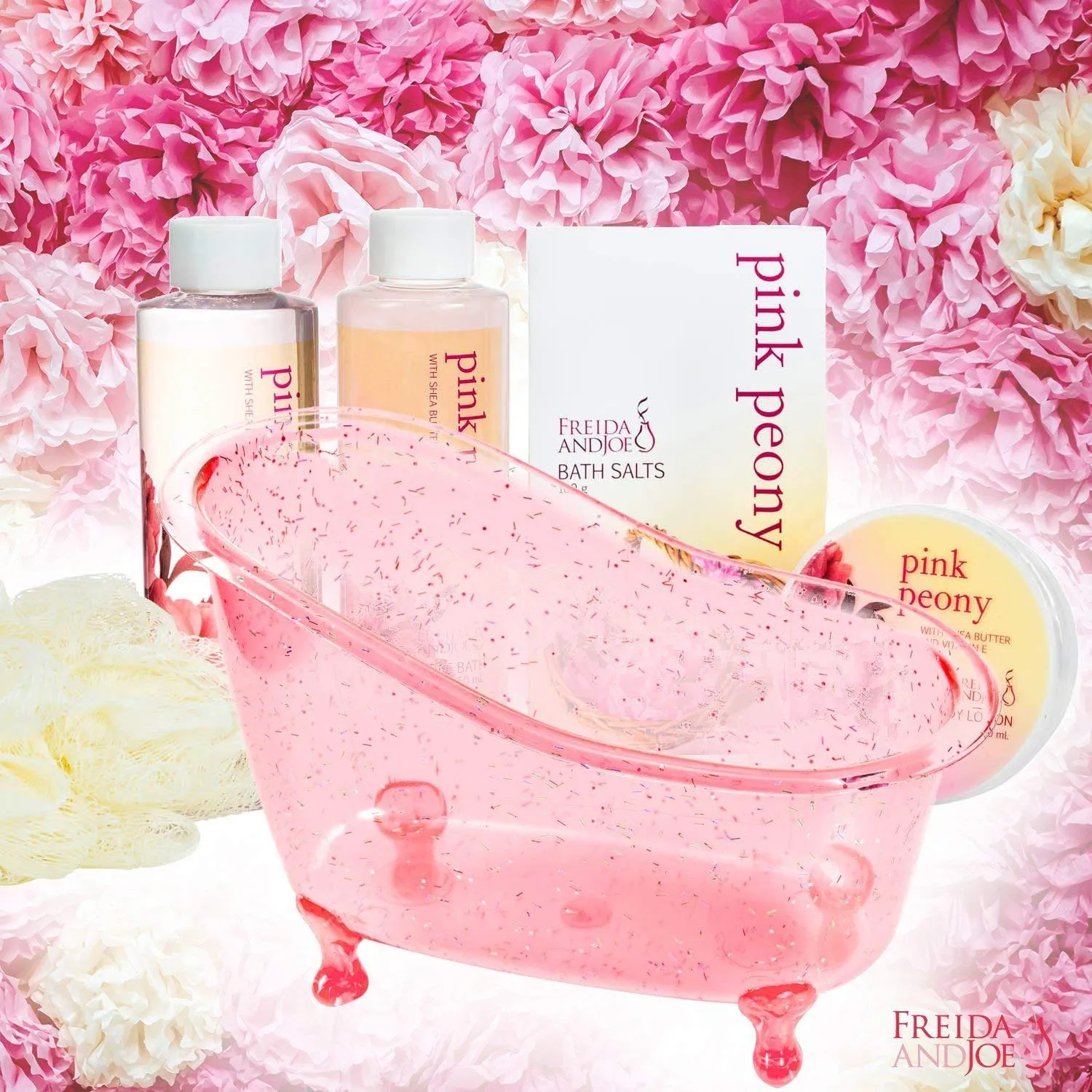 Home Spa Gift Basket Peony Spa Set For Women, Contains Shower Gel, Bubble Bath, Body Lotion, Peony Bath Salt & Puff in a Pink Feminine Tub