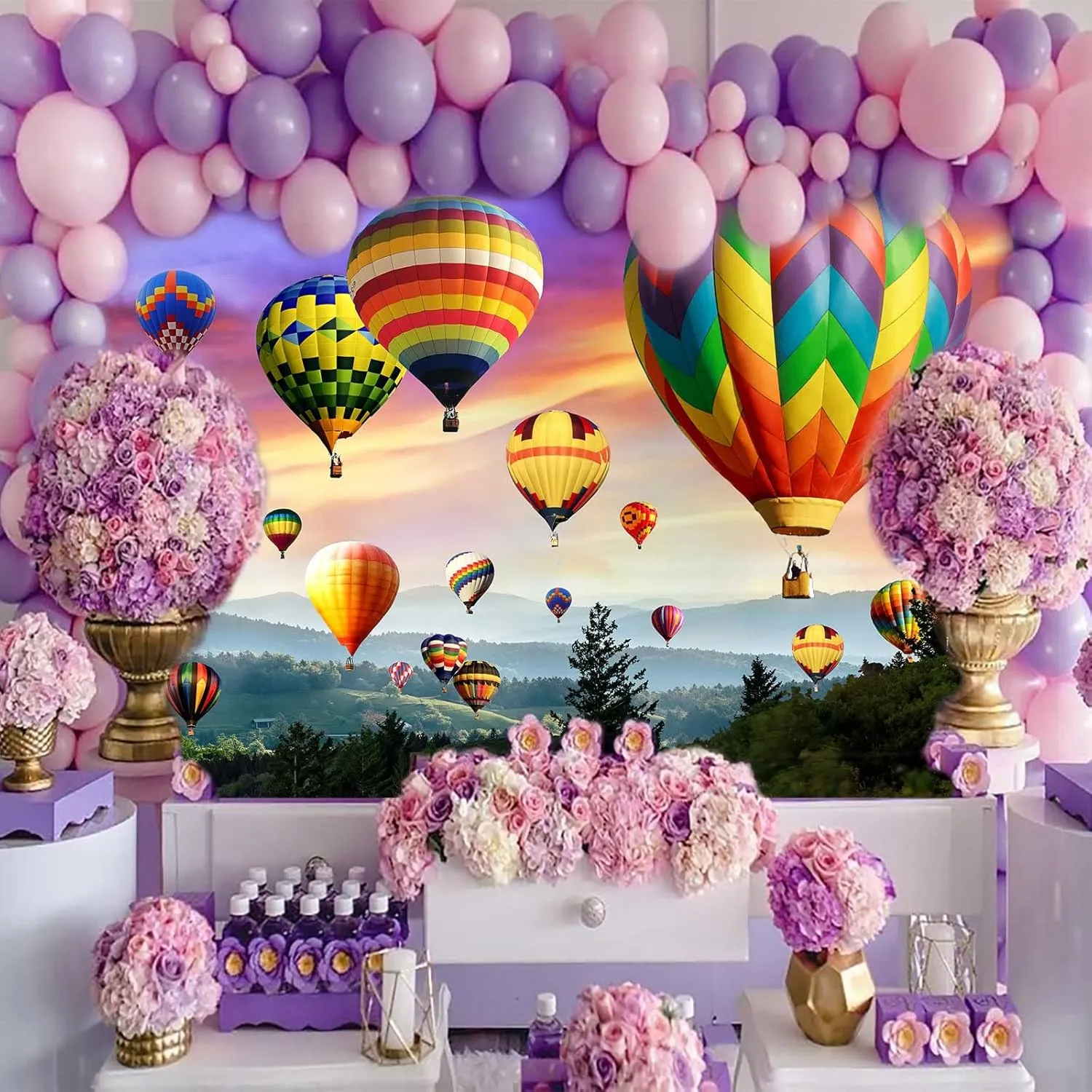 Hot Air Balloon Backdrop, 9x6ft Vinyl, Colorful Rainbow Sky Romantic Mountains Photography Background Travel Party Decor Banner BJOKPR0108