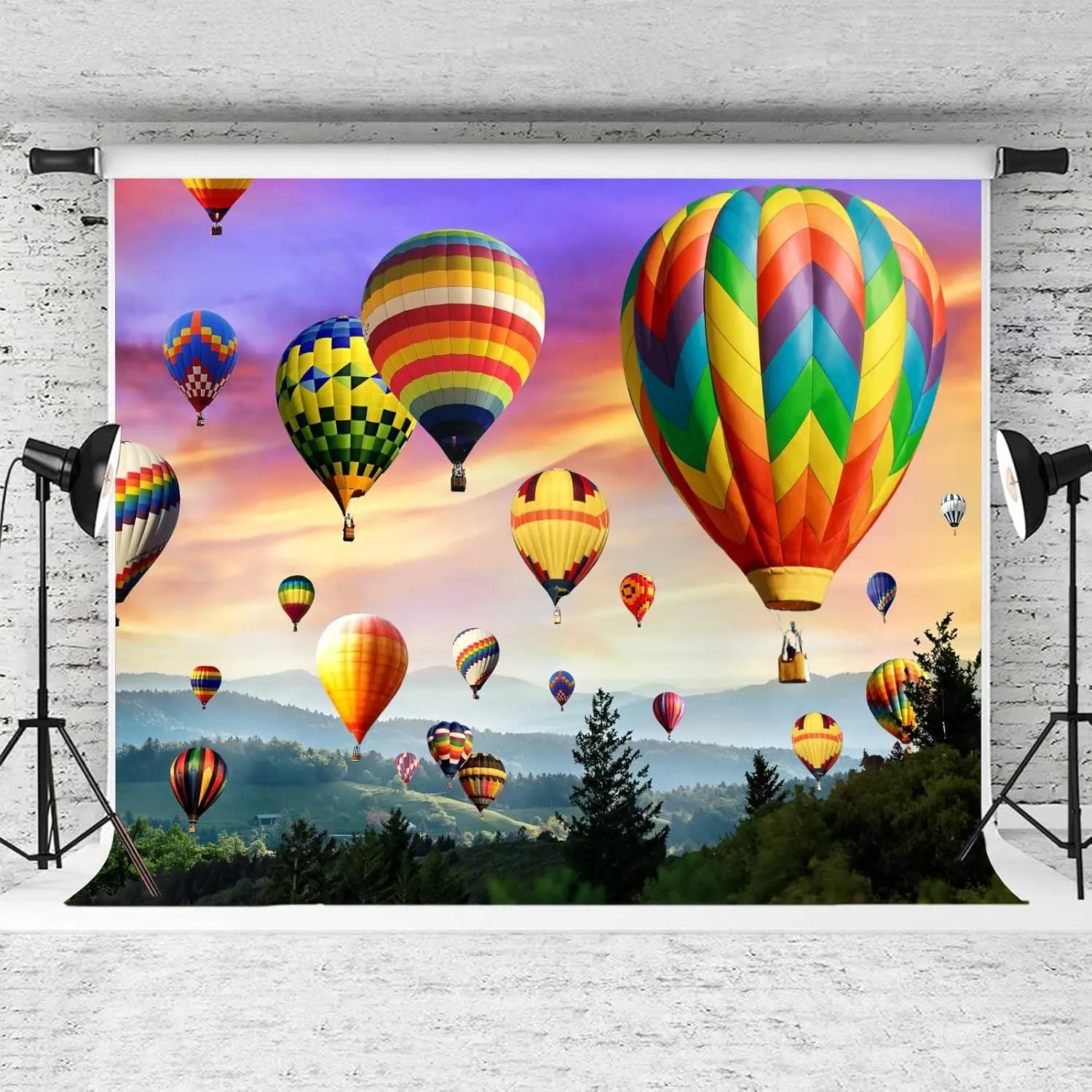 Hot Air Balloon Backdrop, 9x6ft Vinyl, Colorful Rainbow Sky Romantic Mountains Photography Background Travel Party Decor Banner BJOKPR0108