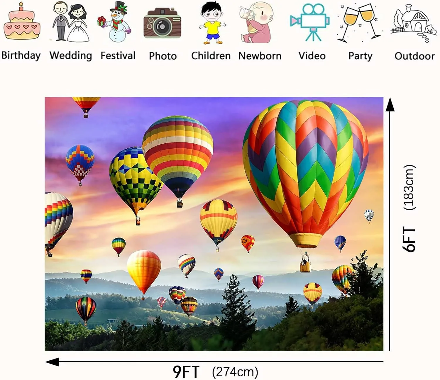 Hot Air Balloon Backdrop, 9x6ft Vinyl, Colorful Rainbow Sky Romantic Mountains Photography Background Travel Party Decor Banner BJOKPR0108