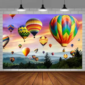 Hot Air Balloon Backdrop, 9x6ft Vinyl, Colorful Rainbow Sky Romantic Mountains Photography Background Travel Party Decor Banner BJOKPR0108