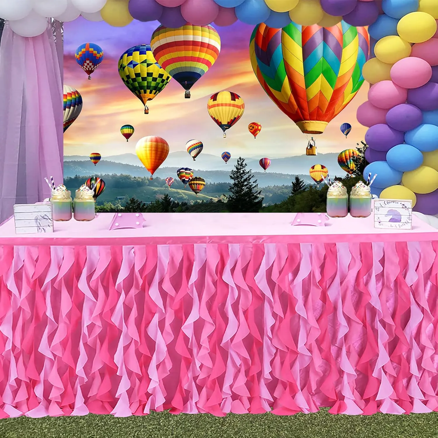 Hot Air Balloon Backdrop, 9x6ft Vinyl, Colorful Rainbow Sky Romantic Mountains Photography Background Travel Party Decor Banner BJOKPR0108