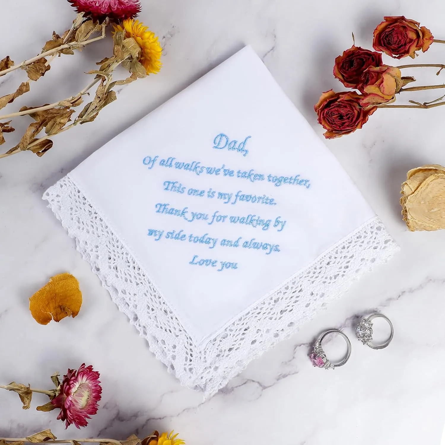 HOULIFE Wedding Handkerchiefs for Bride, Something Blue Wedding Brides Gift Embroidered Handkerchief with Lace Edges