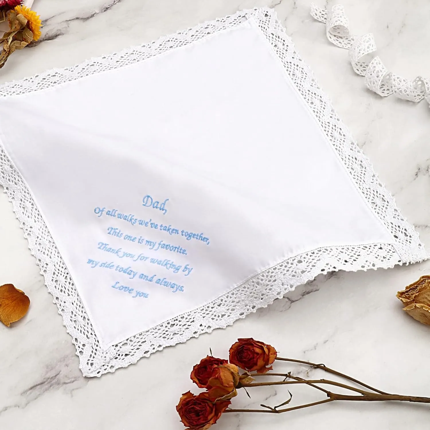 HOULIFE Wedding Handkerchiefs for Bride, Something Blue Wedding Brides Gift Embroidered Handkerchief with Lace Edges