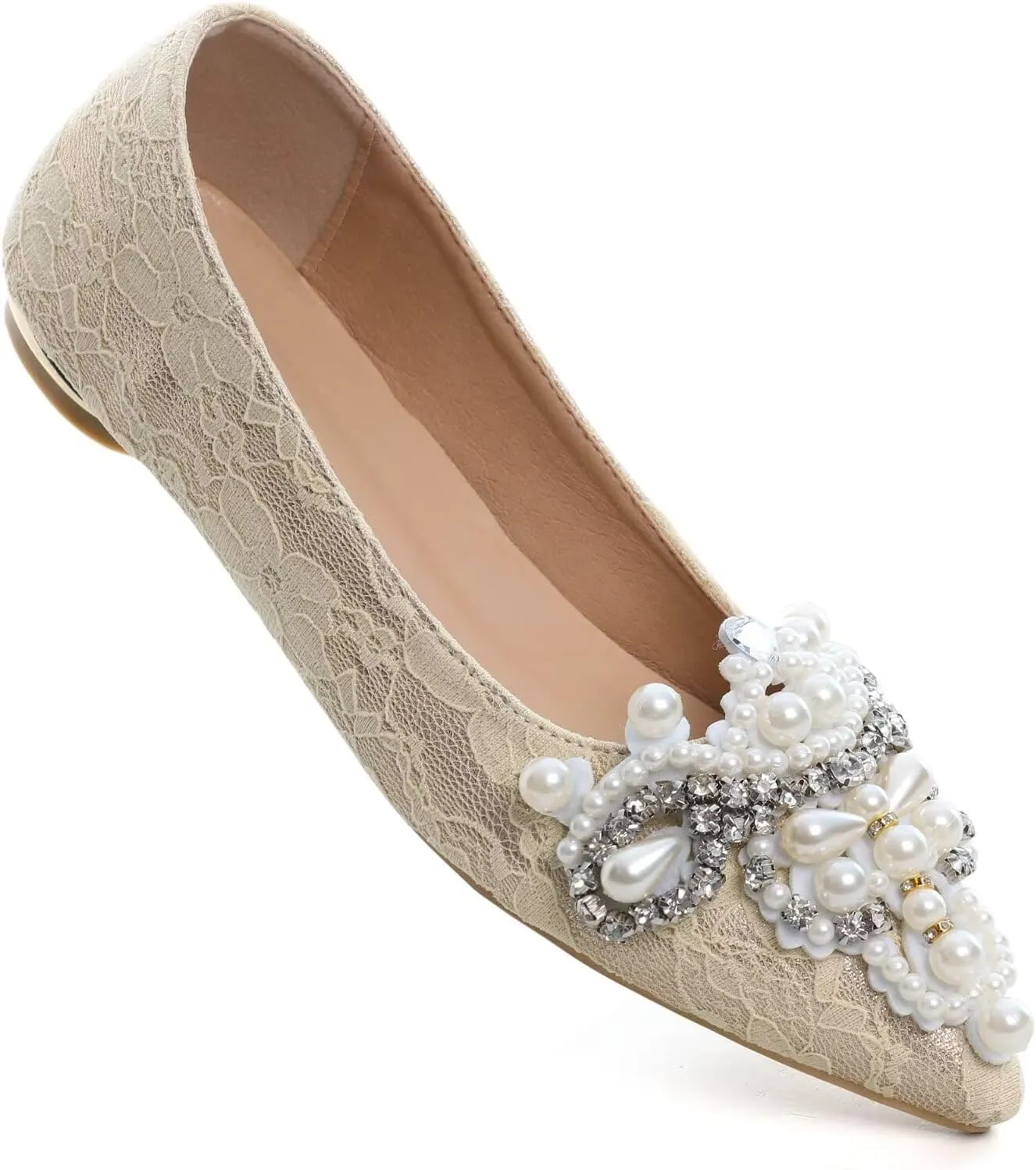 HuangTaiJi Qing Women's Pointy Toe Exquisite Pearl Rhinestone Dressy Ballet Flats Bling Slip On Comfortable Wedding Party Working Shoes