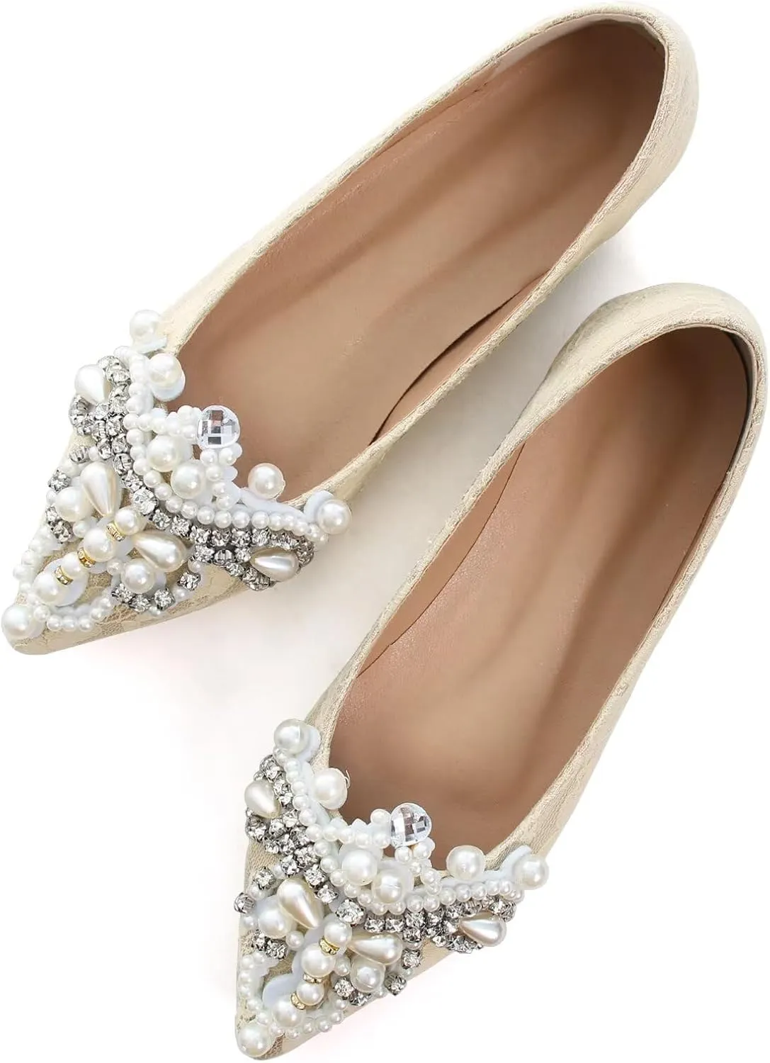 HuangTaiJi Qing Women's Pointy Toe Exquisite Pearl Rhinestone Dressy Ballet Flats Bling Slip On Comfortable Wedding Party Working Shoes