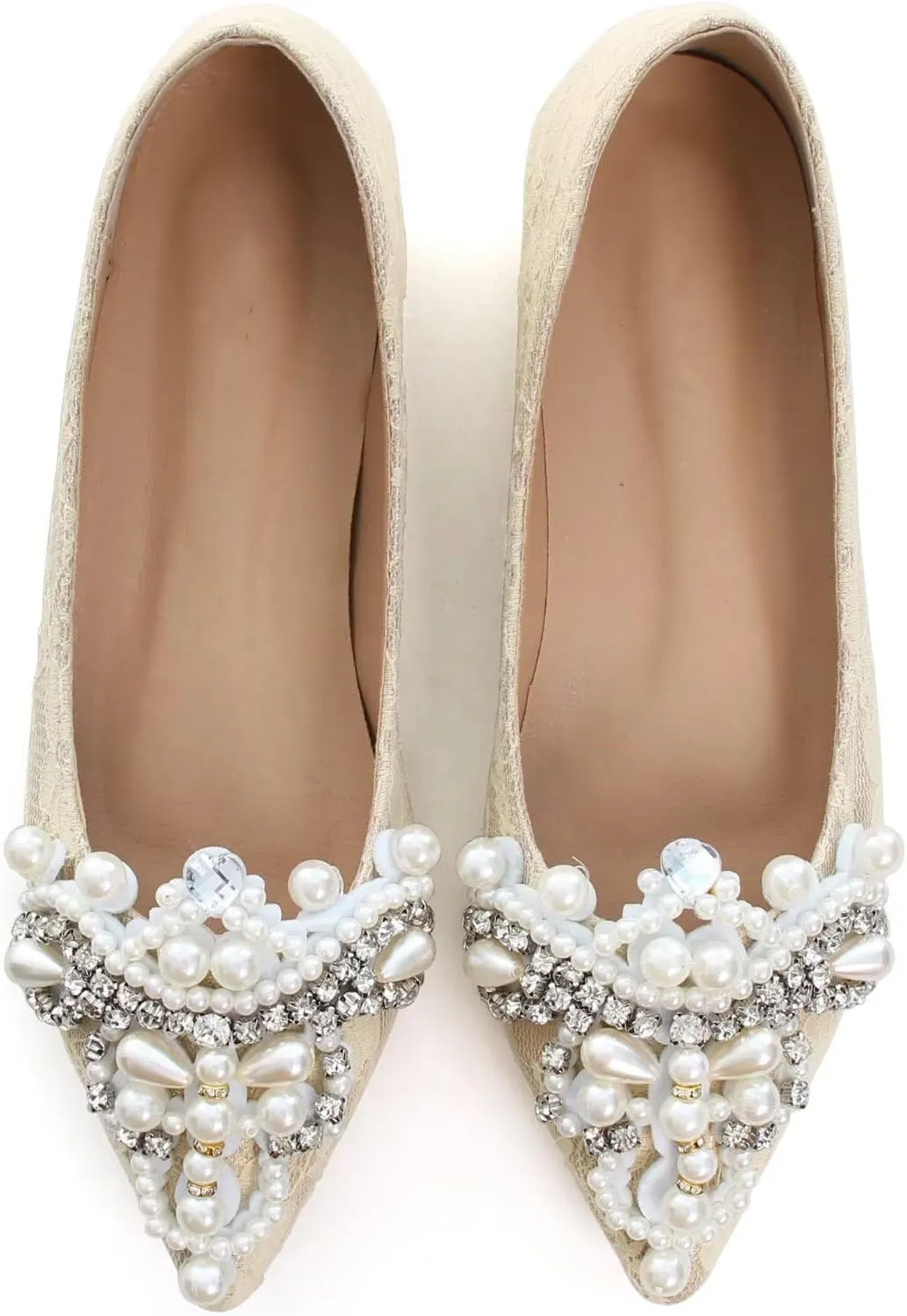 HuangTaiJi Qing Women's Pointy Toe Exquisite Pearl Rhinestone Dressy Ballet Flats Bling Slip On Comfortable Wedding Party Working Shoes
