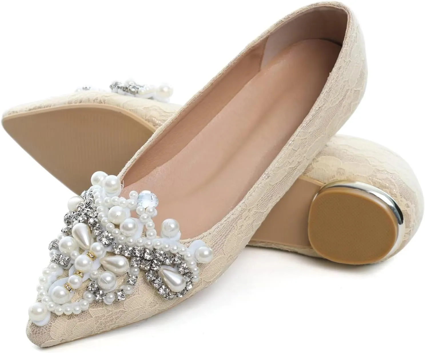 HuangTaiJi Qing Women's Pointy Toe Exquisite Pearl Rhinestone Dressy Ballet Flats Bling Slip On Comfortable Wedding Party Working Shoes