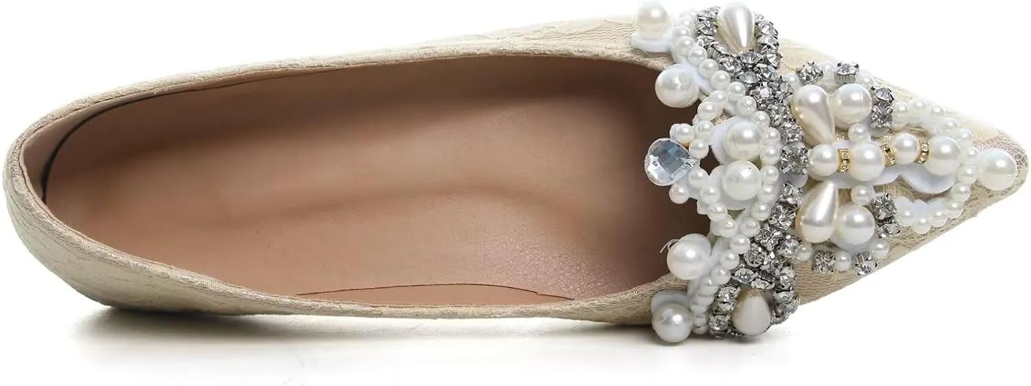HuangTaiJi Qing Women's Pointy Toe Exquisite Pearl Rhinestone Dressy Ballet Flats Bling Slip On Comfortable Wedding Party Working Shoes