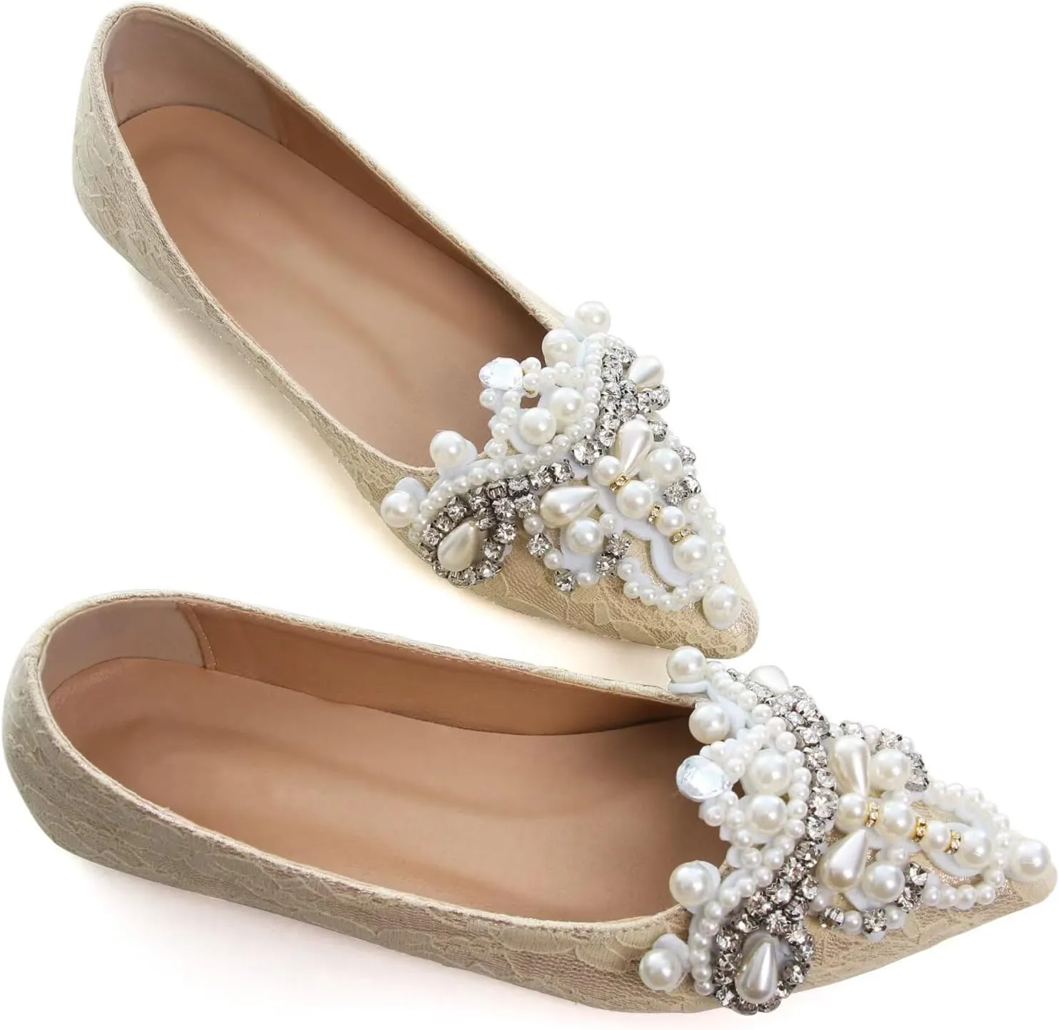 HuangTaiJi Qing Women's Pointy Toe Exquisite Pearl Rhinestone Dressy Ballet Flats Bling Slip On Comfortable Wedding Party Working Shoes
