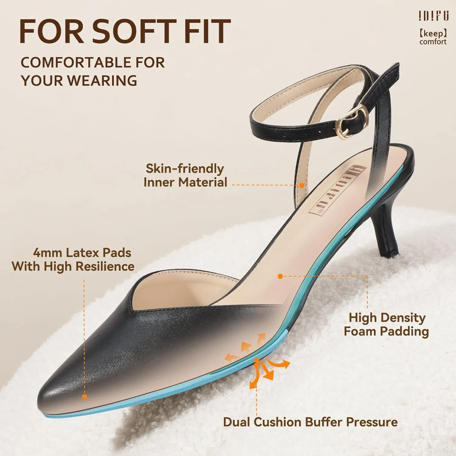 IDIFU IN2 Women's Pumps Closed Toe Kitten Heels Slingback Low Pointed Toe Short Ankle Strap Heels Wedding Bride Prom Bridal Work Dress Shoes for Women Comfortable Cute Trendy Pumps Shoes