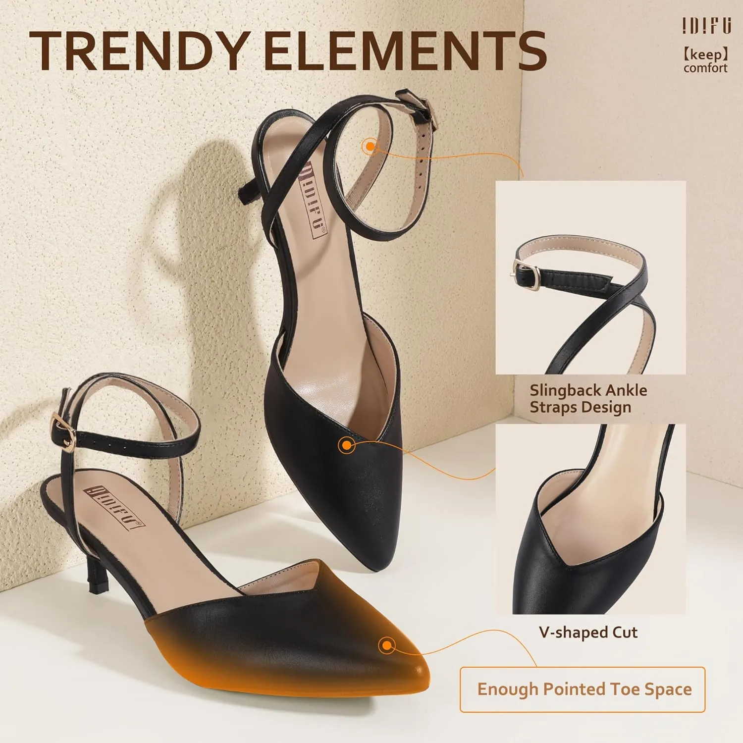 IDIFU IN2 Women's Pumps Closed Toe Kitten Heels Slingback Low Pointed Toe Short Ankle Strap Heels Wedding Bride Prom Bridal Work Dress Shoes for Women Comfortable Cute Trendy Pumps Shoes