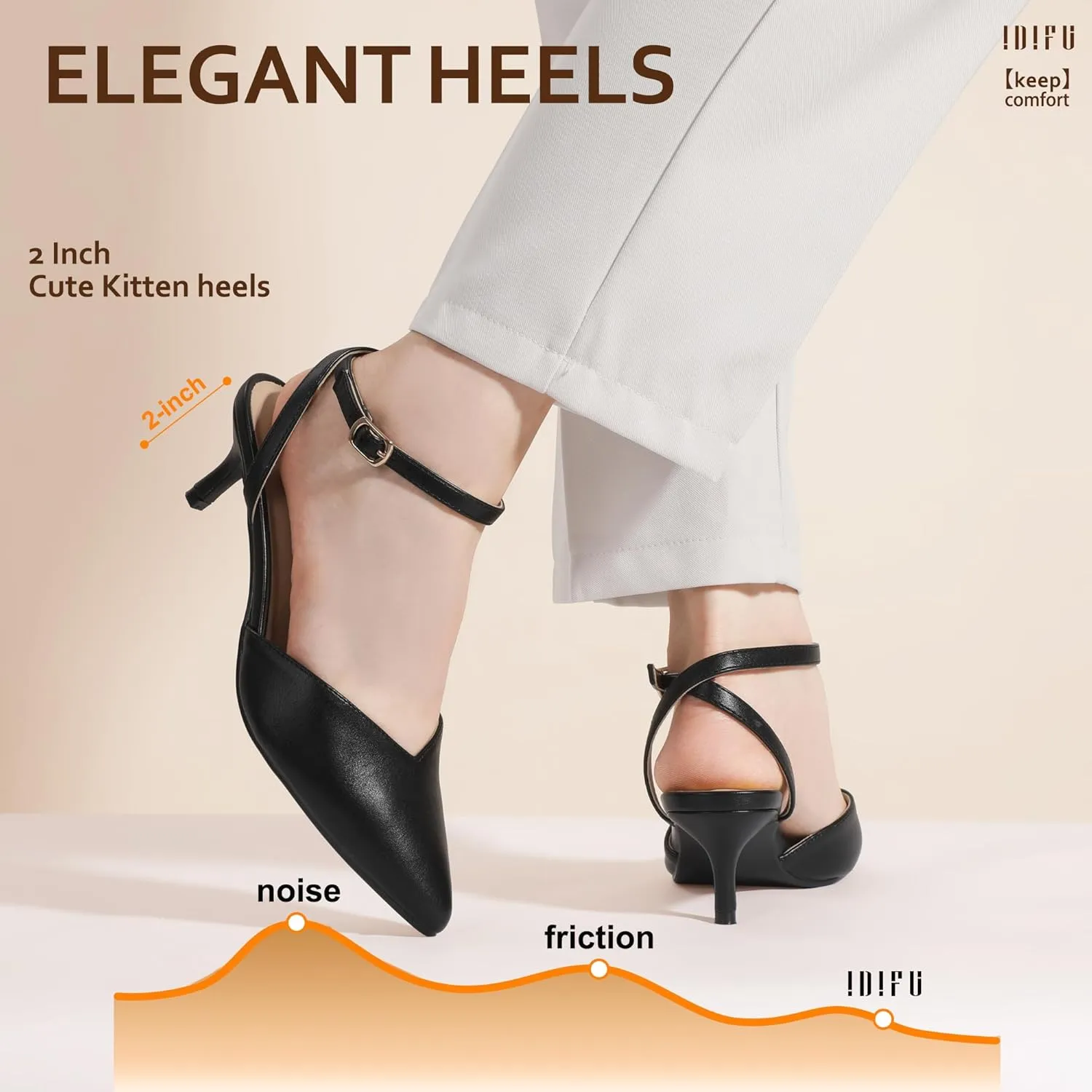 IDIFU IN2 Women's Pumps Closed Toe Kitten Heels Slingback Low Pointed Toe Short Ankle Strap Heels Wedding Bride Prom Bridal Work Dress Shoes for Women Comfortable Cute Trendy Pumps Shoes