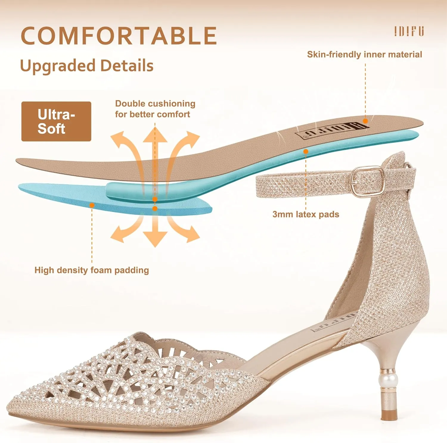 IDIFU Women's IN2 Candice Wedding Rhinestones Sequins Low Kitten Heels Pumps Dress Evening Shoes for Women Bridal Bride