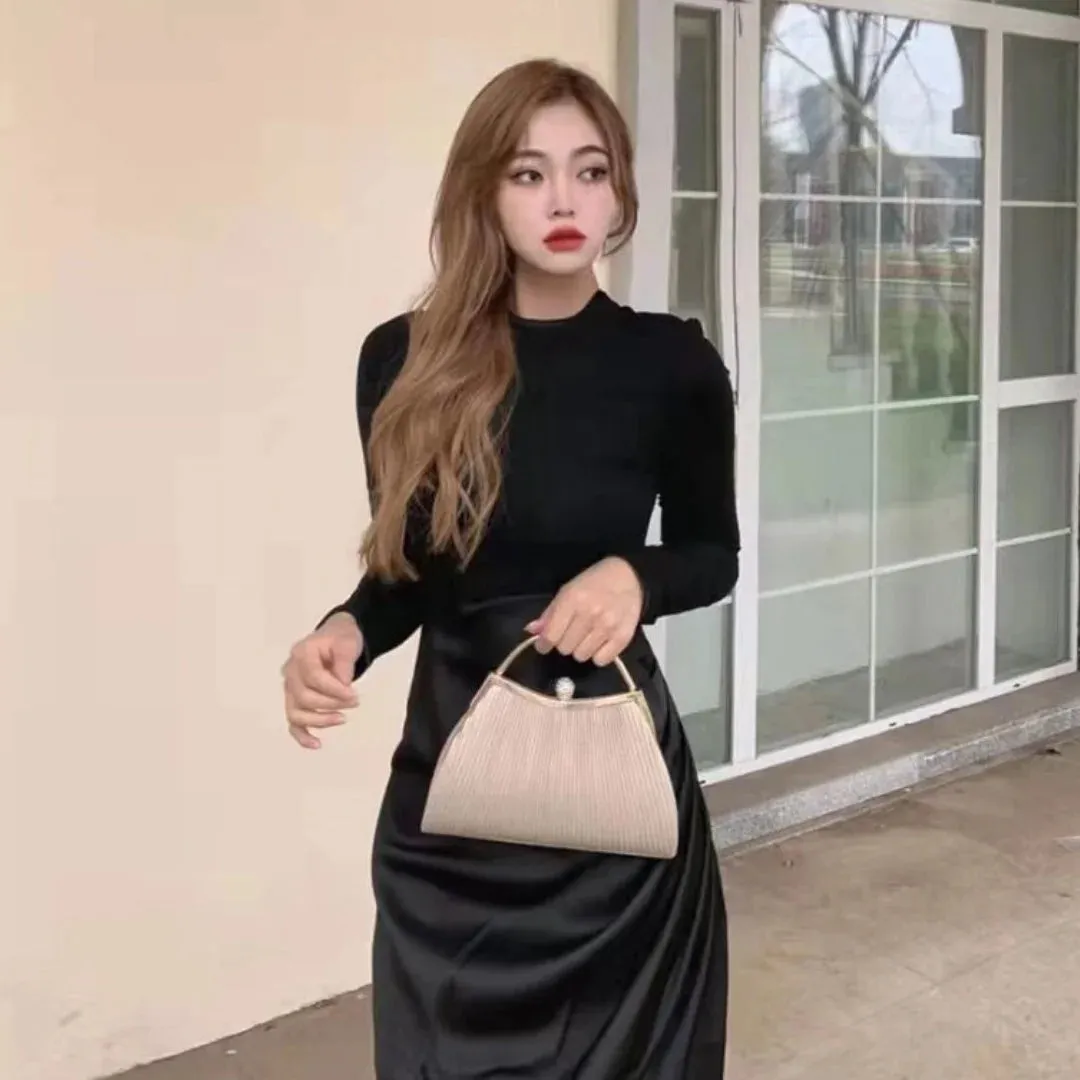 ISKYBOB Wrinkled Evening Clutch Bag Women's Shiny Banquet Bag Dressed Banquet Bag Glitter Purse Ladies Wedding Party Handbag