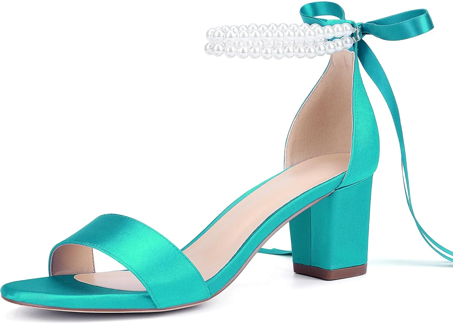 Isobud Women's Open Toe Pearl Wedding Shoes for Bride White Heels with Bow Bridal Shoes Chunky Block Satin Heels Sandals