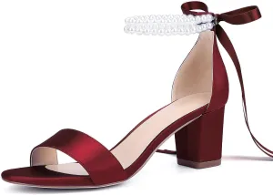 Isobud Women's Open Toe Pearl Wedding Shoes for Bride White Heels with Bow Bridal Shoes Chunky Block Satin Heels Sandals