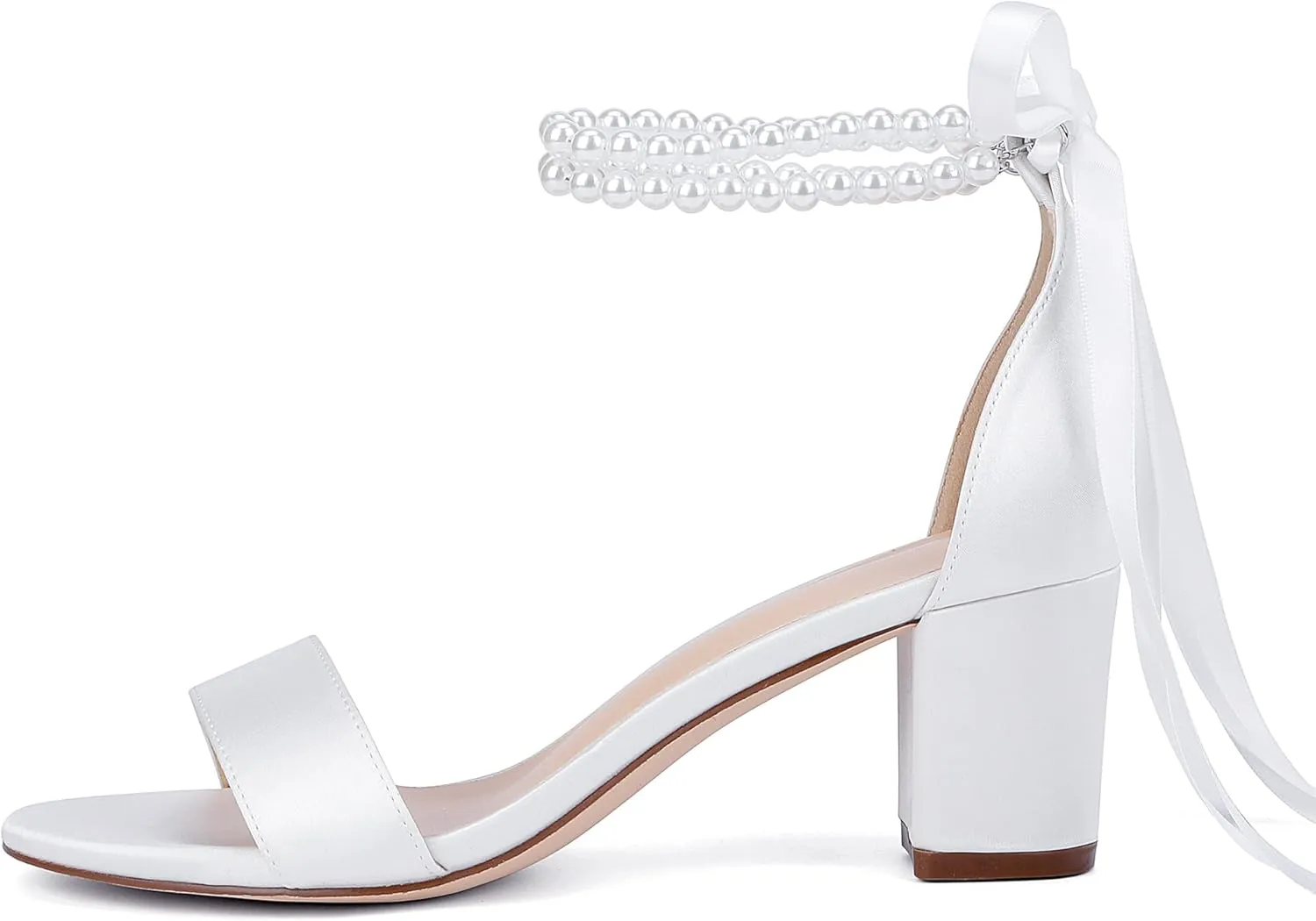 Isobud Women's Open Toe Pearl Wedding Shoes for Bride White Heels with Bow Bridal Shoes Chunky Block Satin Heels Sandals