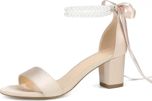 Isobud Women's Open Toe Pearl Wedding Shoes for Bride White Heels with Bow Bridal Shoes Chunky Block Satin Heels Sandals