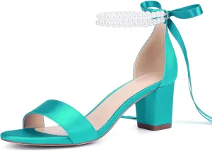 Isobud Women's Open Toe Pearl Wedding Shoes for Bride White Heels with Bow Bridal Shoes Chunky Block Satin Heels Sandals